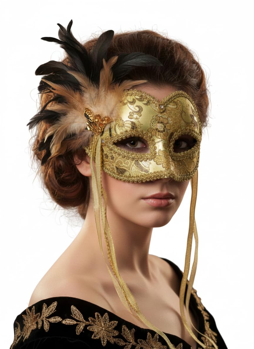 labreeze Gold Venetian Masquerade Eye Mask with Feather Embellishment, Glitter Detail, Ribbon Ties, Costume Party Accessory for New Year's Eve Celebrations