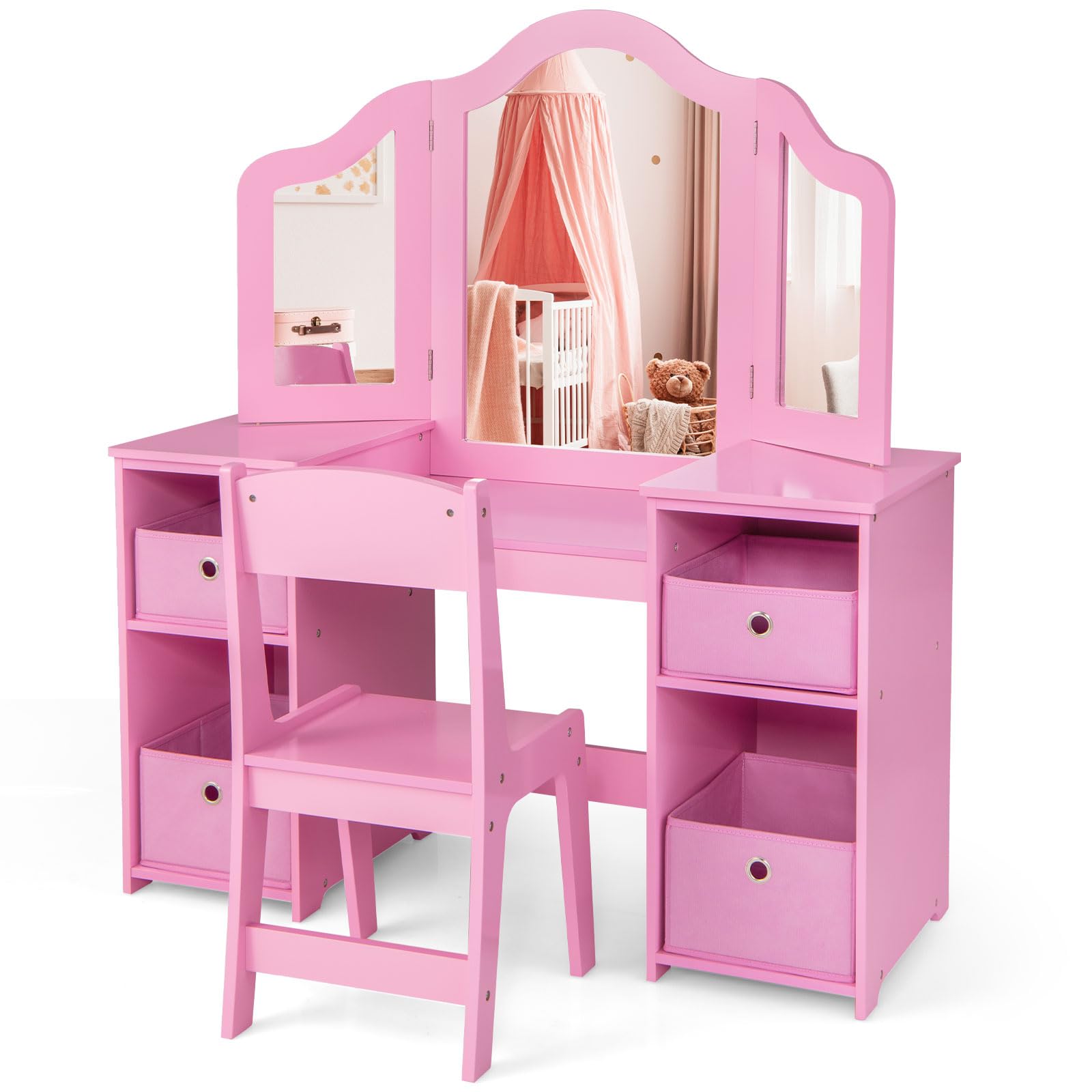 GOPLUS Kinder Schminktisch mit Stuhl, Prinzessin Frisiertisch mit mit abnehmbarem Spiegel, Kosmetiktisch Holz (Rosa mit Stuhl & Box)
