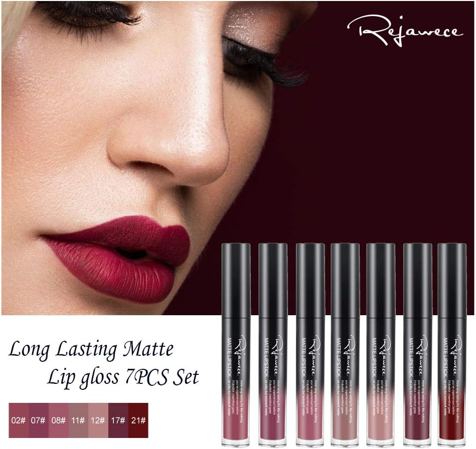Lip Gloss Set by Rejawece - Waterproof Long Lasting Matte Lip Gloss Liquid Lipstick Set Beauty Makeup Cosmetics Lip Stick Lip Glosses Set of 7 Colors