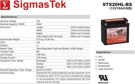 Deka ETX20L 310 CCA Motorcycle Battery (Replacement)