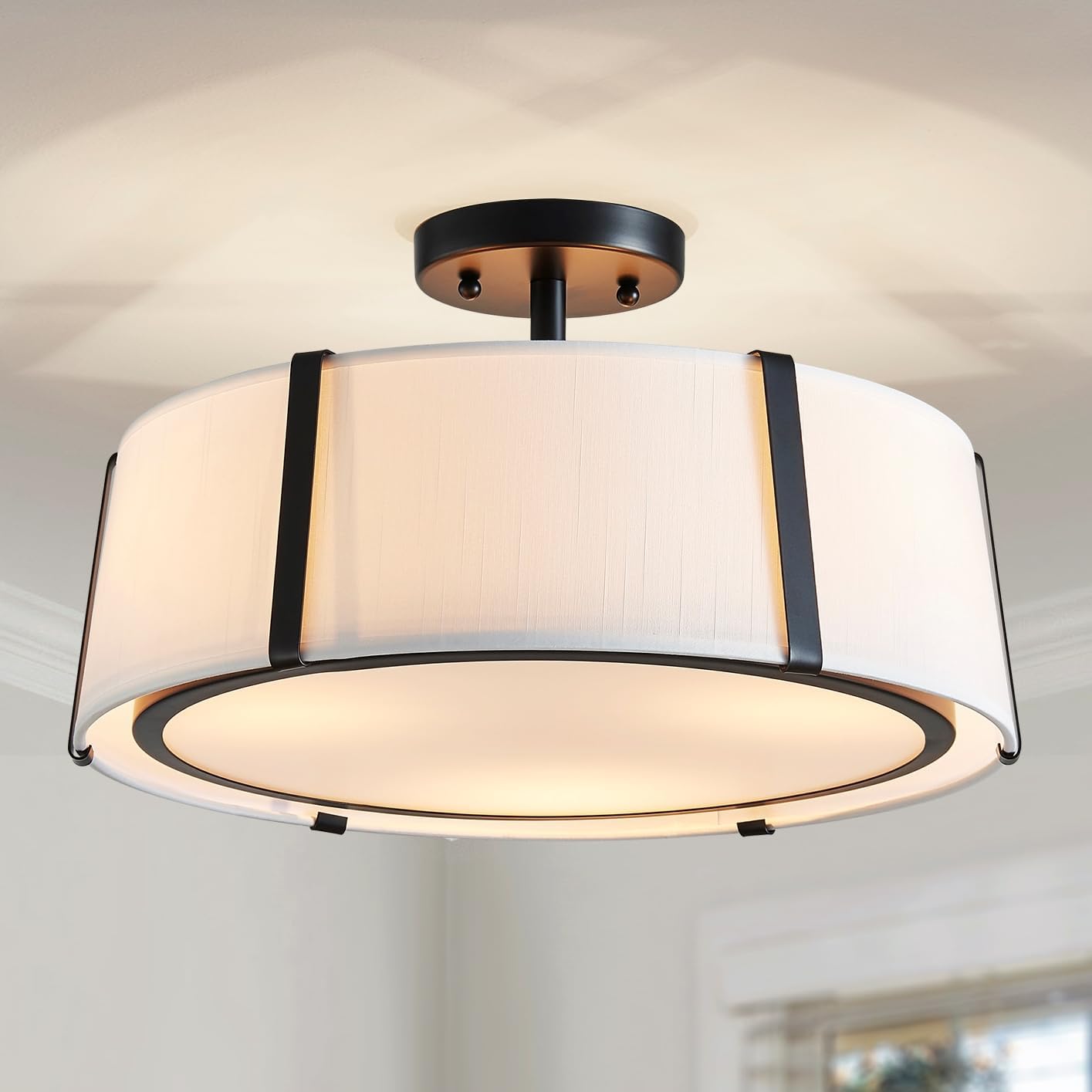 Shrine Lighting Drum Chandeliers, Modern Style, Perfect Ceiling Light Fixture for Living Space, D16'' x H9'', E12*3 Sockets, White Lampshade & Black Finish Black D16''