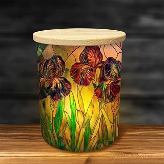 Purple Irises Pattern Printing Glass Jar with LED Candle Table Lamp Stained Glass Desk Lamp Cylindrical Tealight Holder 2.8D x 3.5H inches