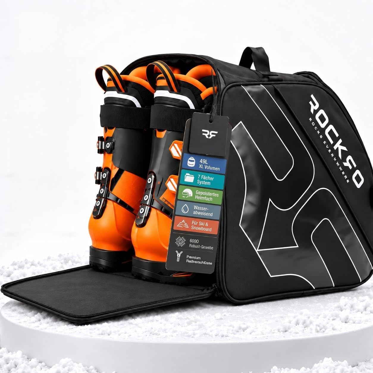 ROCKRO Skischuhtasche mit Helmfach 40L - Ski Tasche für Skischuhe und Helm | Robuste Ski Schuh Tasche mit Schultergurt & Tragegriff - Wasserabweisendes Außenmater. - Lüftungsösen gegen Feuchtigkeitsstau