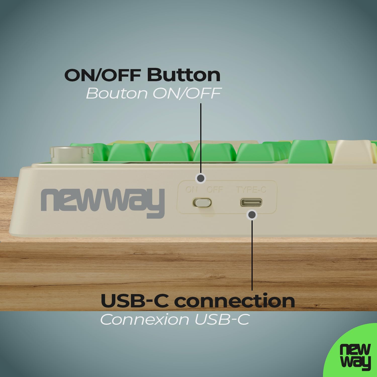 NEWWAY NK251 – Clavier sans Fil Rechargeable Affichage LCD Numérique Molette Multifonction - AZERTY français – Triple Mode (WiFi 2.4 GHz, BT, USB-C) - Récepteur USB au Dos
