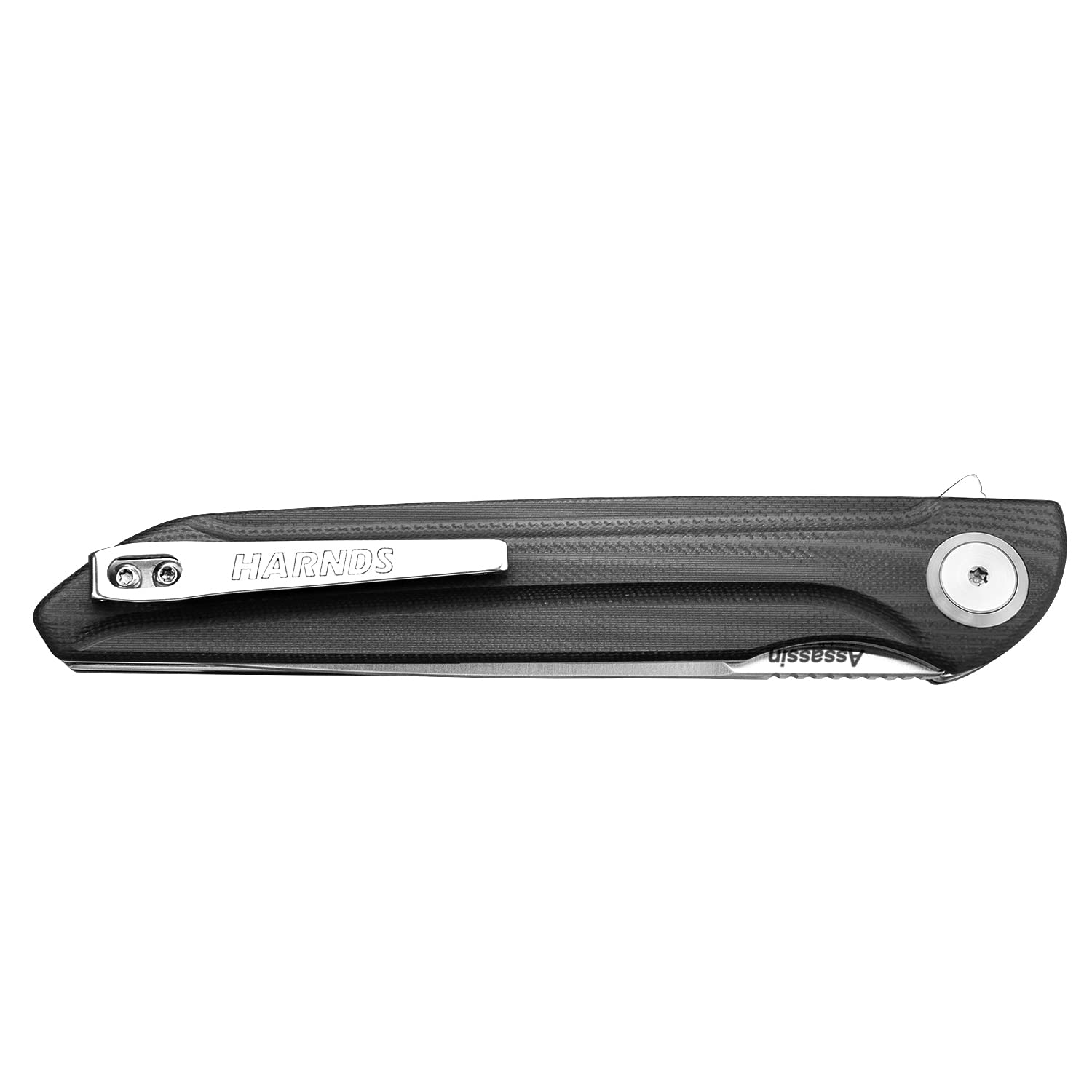 Harnds Cuchillo plegable para exteriores Assassin Sandvik 14C28N Cuchillo de caza para camping con mango G10 Acabado de la hoja satinado Cuchillo plegable (Negro y satinado/Schwarz+Satin)