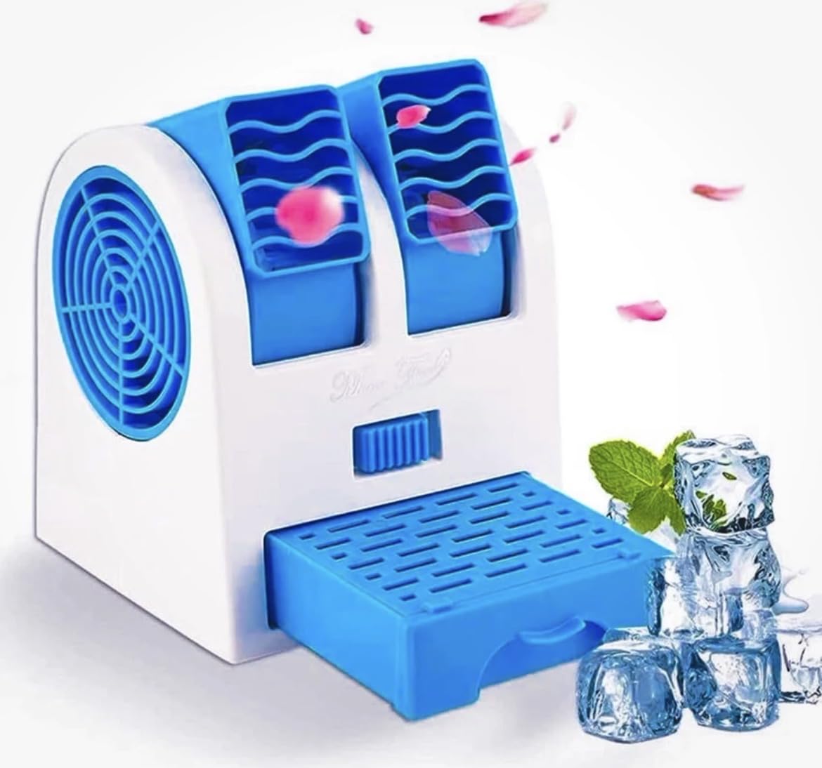 Mini Portable Desktop Air Cooler Fan with Dual Vents, USB | Ice Water Cooling, Removable Ice Drawer, 2.5W USB Powered, 11.7x11x13.6 cm, Fragrant Beads Included-image-7