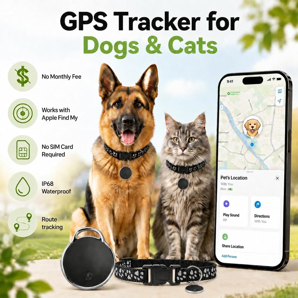 GPS Tracker for Dogs/Cats, Real-Time Tractive GPS Tracker Device | Dog/Cat Tracker Pet Location Tracking with Collar, No Monthly Fee/No SIM Card, Works for iOS Find My, IP68 Waterproof