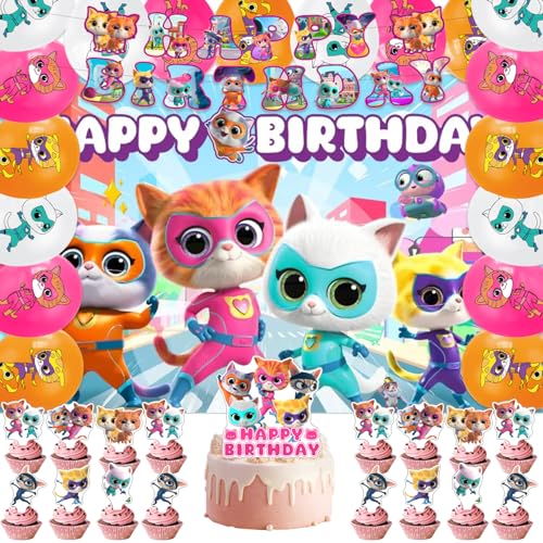 42pcs Super kitties Birthday Party Supplies -Included Banner cupcake toppers backdrop and Balloons Banner for Coco Cartoon Themed Super kitties Party Decorations