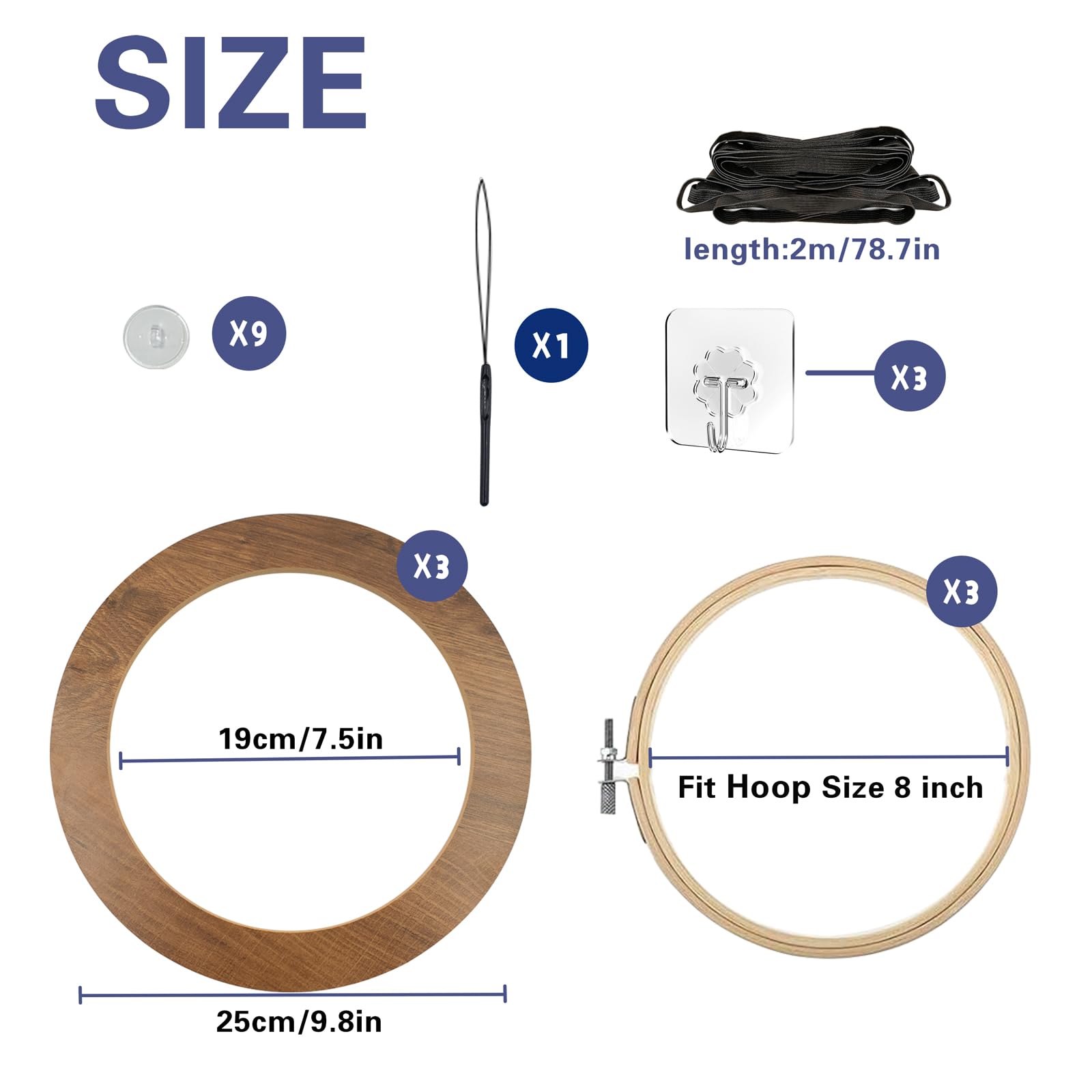 3 zestawy ulepszonych drewnianych ramek do haftowania z bambusowymi obręczami, 20 cm, okrągła ramka ekspozycyjna do gotowego haftu krzyżykowego i ozdób do szycia (łatwiejsze w instalacji)