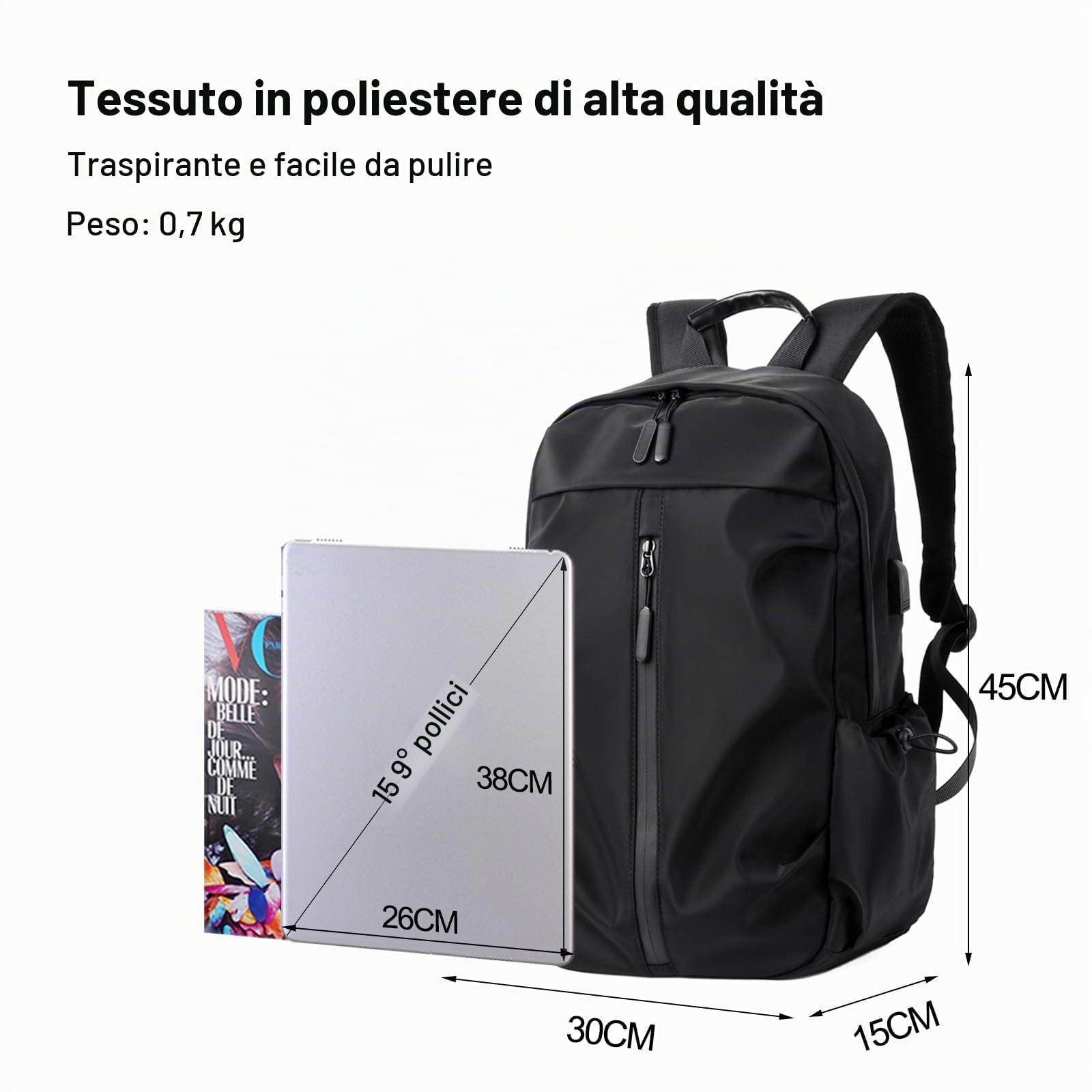 FANDARE Zaino Universitario 45x30x15 cm Poliestere Impermeabile, Zaino da Viaggio con USB e Aggancio al Trolley per Uomo Donna, Capiente Zaino Sportivo per Scuola, Palestra, Ufficio