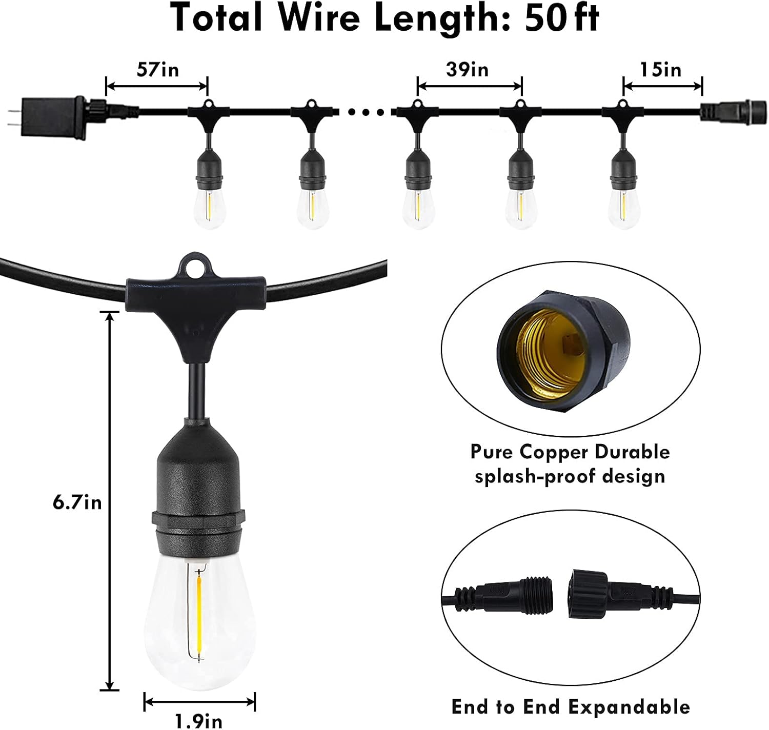Extendable Extra-Long 50FT S14 Outdoor String Lights (Commercial Grade & Super Bright & Weatherproof) , 15 Shatterproof S14 Bulbs Edison Vintage Style Outdoor Lights for Patio, Backyard, Pergola - - 