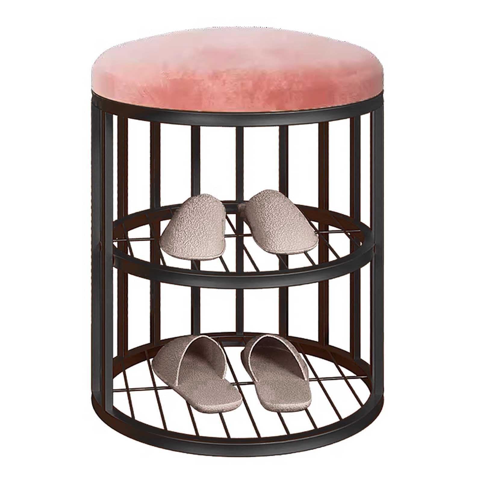 KLGFBDC Small Shoe Bench for Entryway - Stylish Metal Shoe Stool with 2-Tier Storage Organizer Round Seat Perfect for Shoes Pink & Black Home Décor