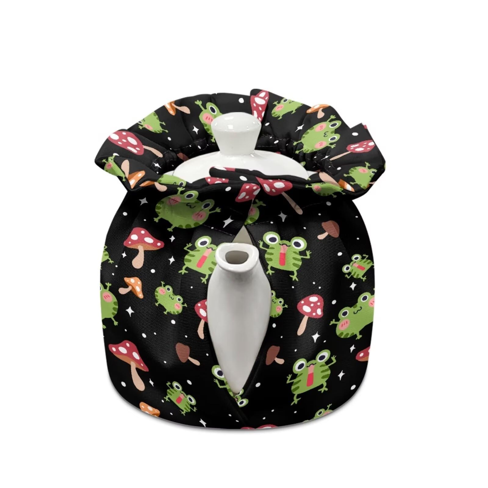 LJMKZJN Tea Kettle Quilt Breakfast Warmer Waterproof Tea Kettle Cover Fits Most Breakfast Pots Elastic Fabric Tea Cosy, Mushroom Frog Print