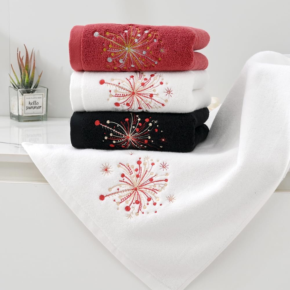 Fireworks Embroidered Design White Hand Towel Set of 2 Holiday Party Decorative Ultra Absorbent 100% Cotton Super Soft Luxury Bathroom Hand Towels Celebration Gift 13 x 29 Inch