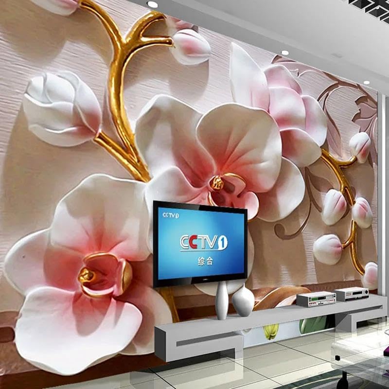 Papier peint maison et salon motif phalaenopsis 3D effet cocooning doux