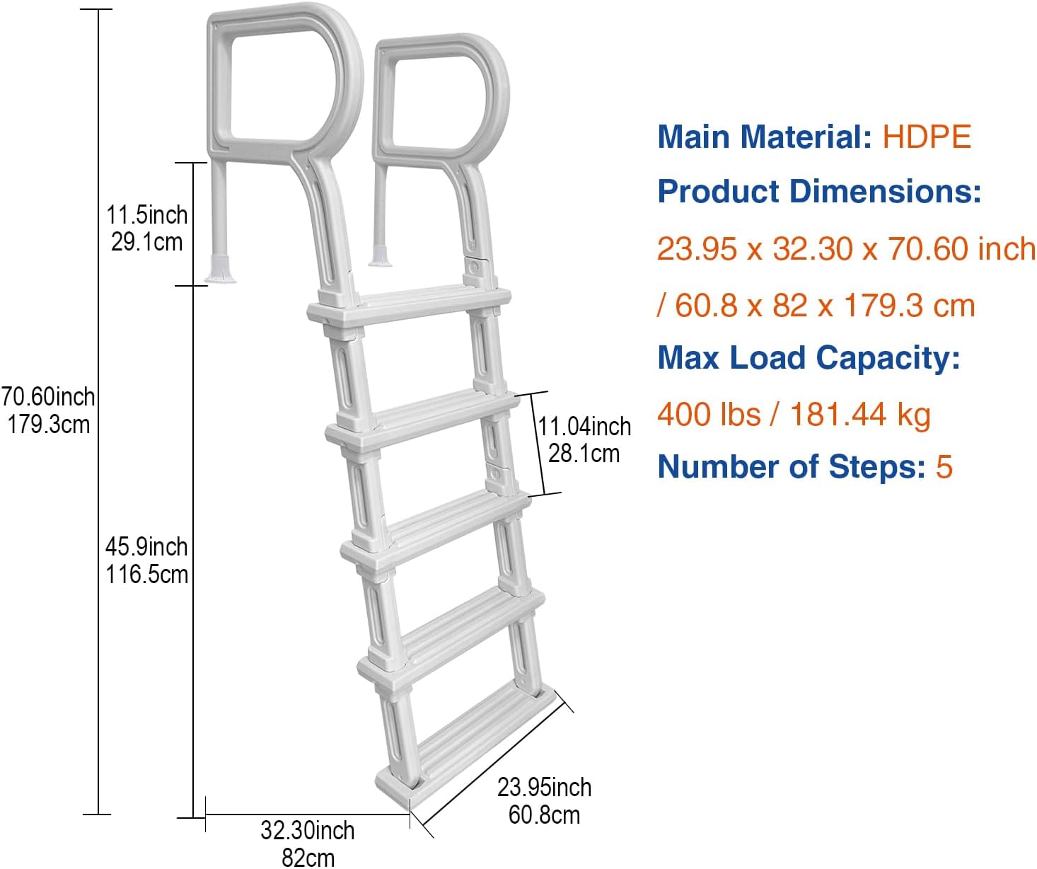 Swimming Pool Ladder, 5 Step Pool Ladder with Double Handrails Stair and Non-Slip Steps for 48-54 in Inground & Above-Ground Pools, 400 lbs Capacity, White