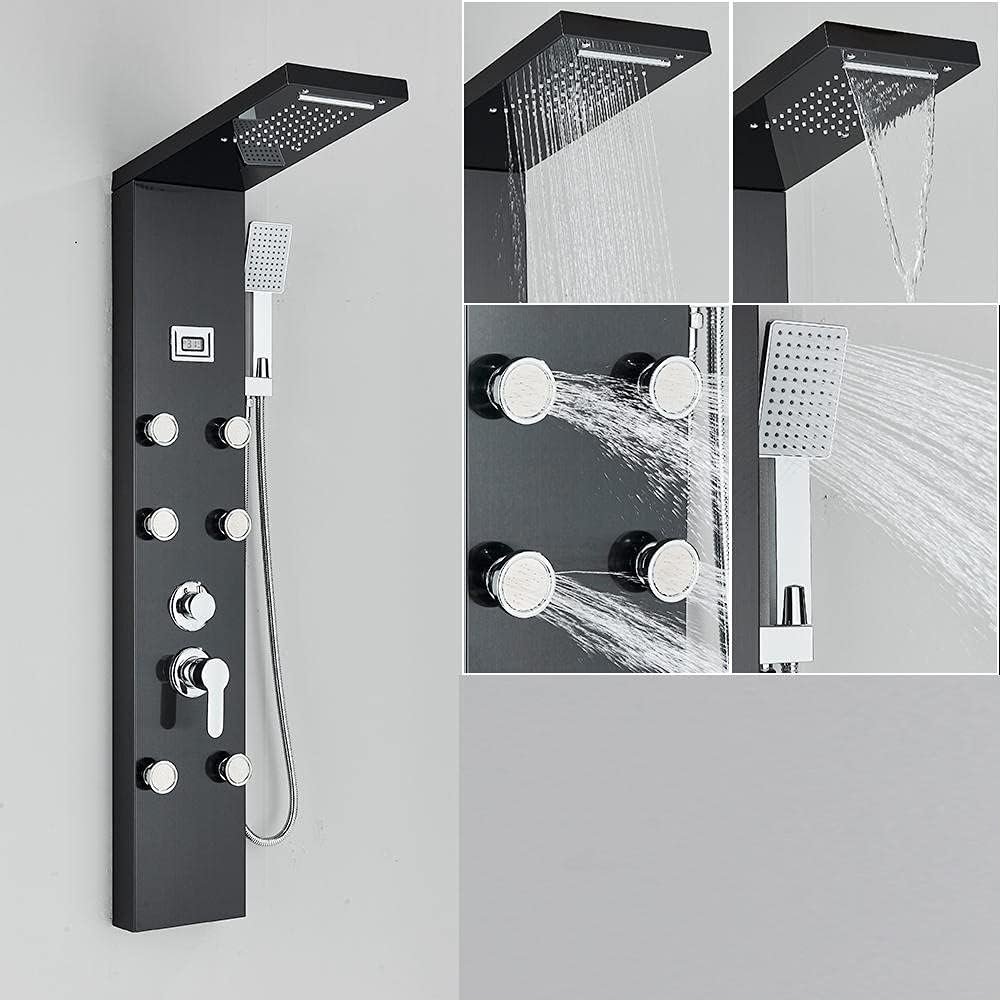 Shower Panel Waterfall Rain Shower Faucet Set SPA Massage Jet Bath Shower Column Temperature Display Mixer Tap Tower-K (K)