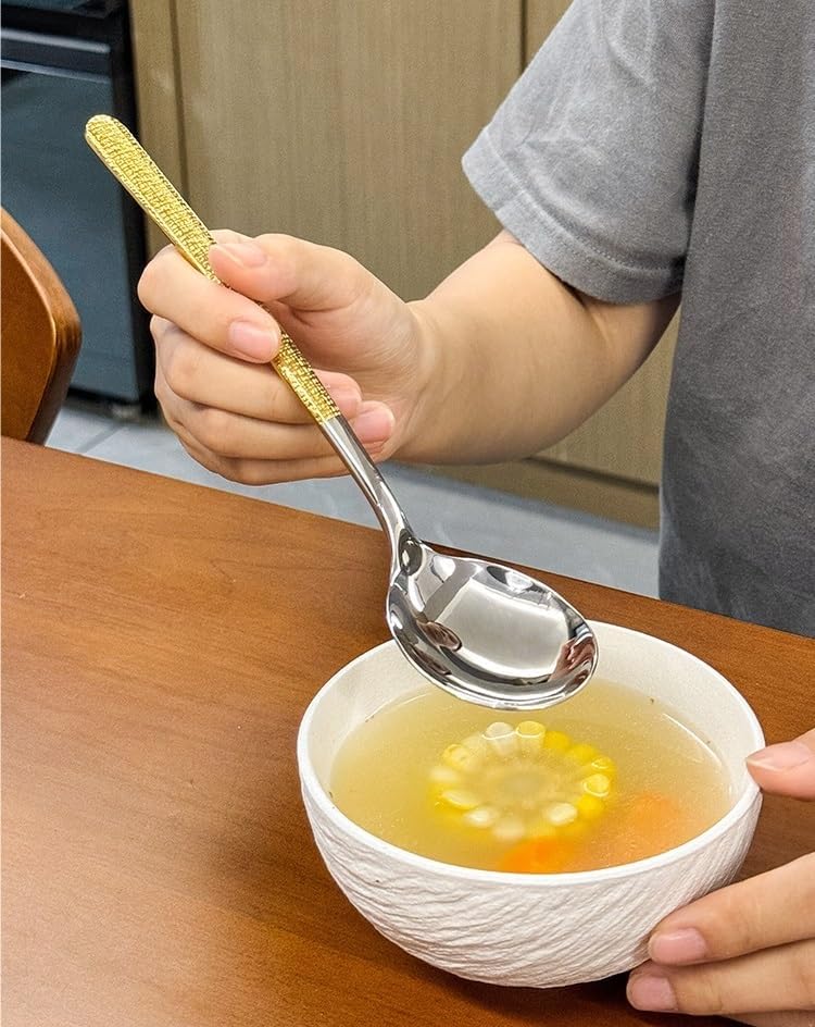 Silverware Flatware Set, 1/4/6/8/10/12 Pcs 304 Stainless Steel Spoon Thickened Long Handle Main Table Spoon Black Gold Soup Spoon Spoon(Color:Silver gold,Size:6 Pieces)