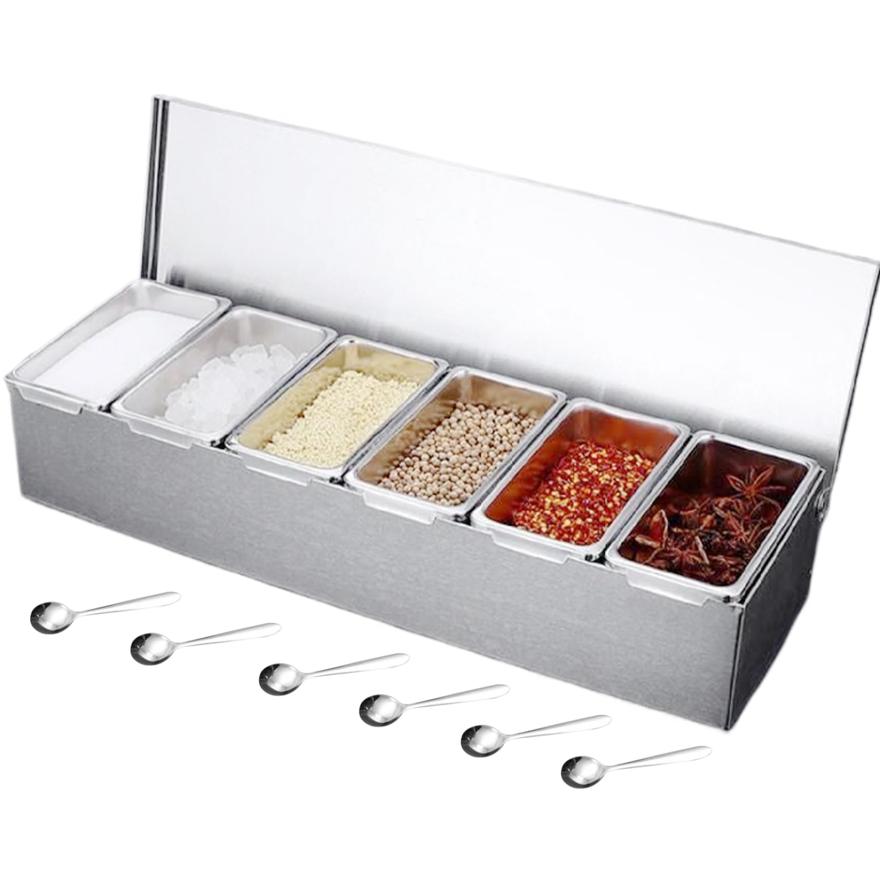 Stazione per Topping per Pizza 6x18x3, 5 Pollici, contenitori per condimenti a 6 Scomparti con 6 cucchiai, Scatola per spezie Rimovibile per Uso Alimentare per Cucina