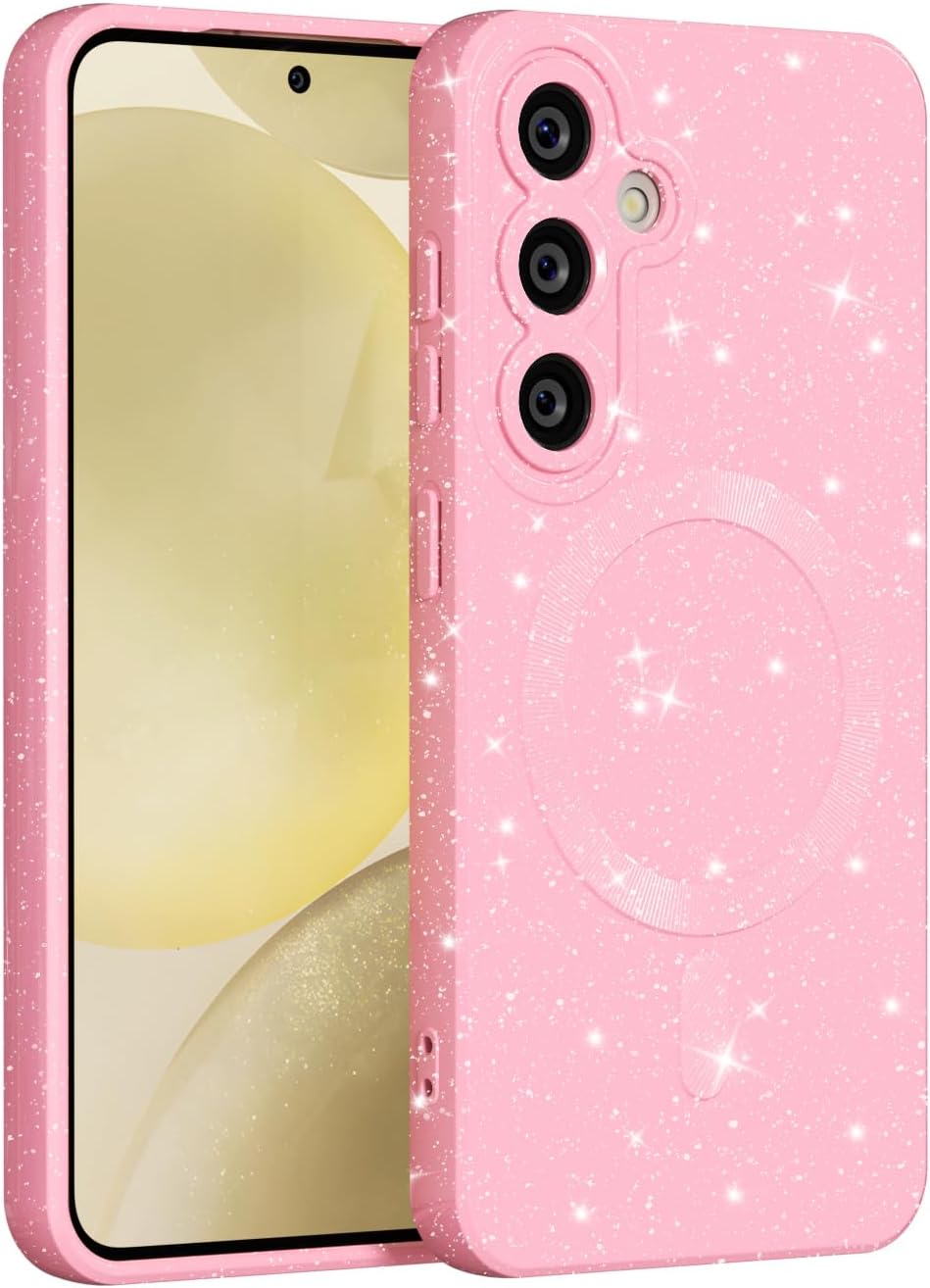 MINSCOSE for Samsung Galaxy S24 FE Case Magnetic Compatible with Magsafe,Cute Neon Glitter Super Vibrant Shiny Bling Sparkly Glossy Girly Case with Thin Slim Camera Protection for Women-Pink