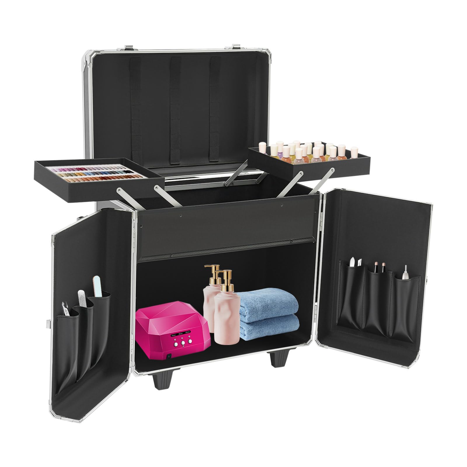Fußpflege Koffer, Mobile-fußpflege Fusspflegekoffer mit 2 Räder 4 Schlüssel, Tragfähigkeit 50 kg, Werkzeug Organizer für Fußbadgeschäfte,Massagesalons (Schwarz+Silber)
