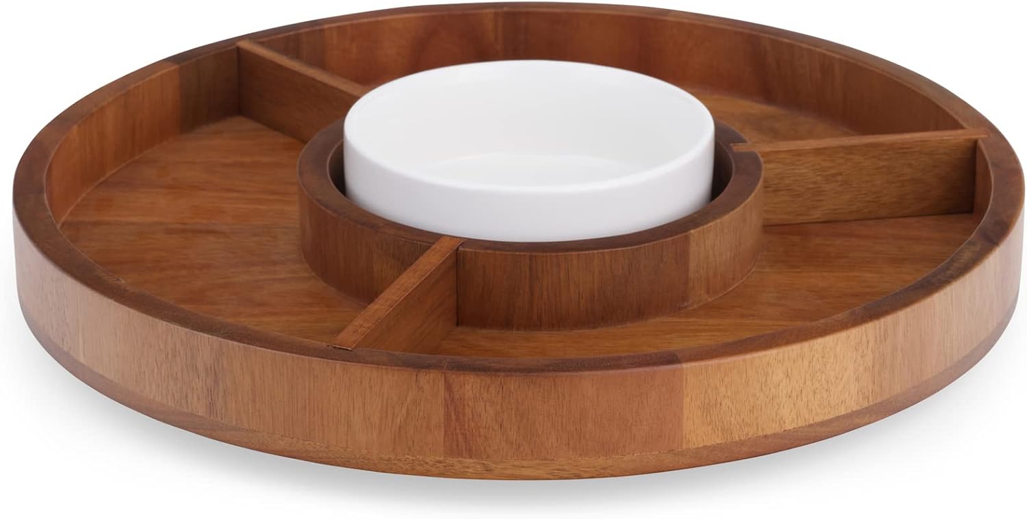 Nambé Duets Lazy Susan - 14” Rotating Acacia Wood Serving Tray with 3 Compartments & 6” Removable Porcelain Dip Bowl - Mixed Material Serveware for Appetizers, Chips & Fruit