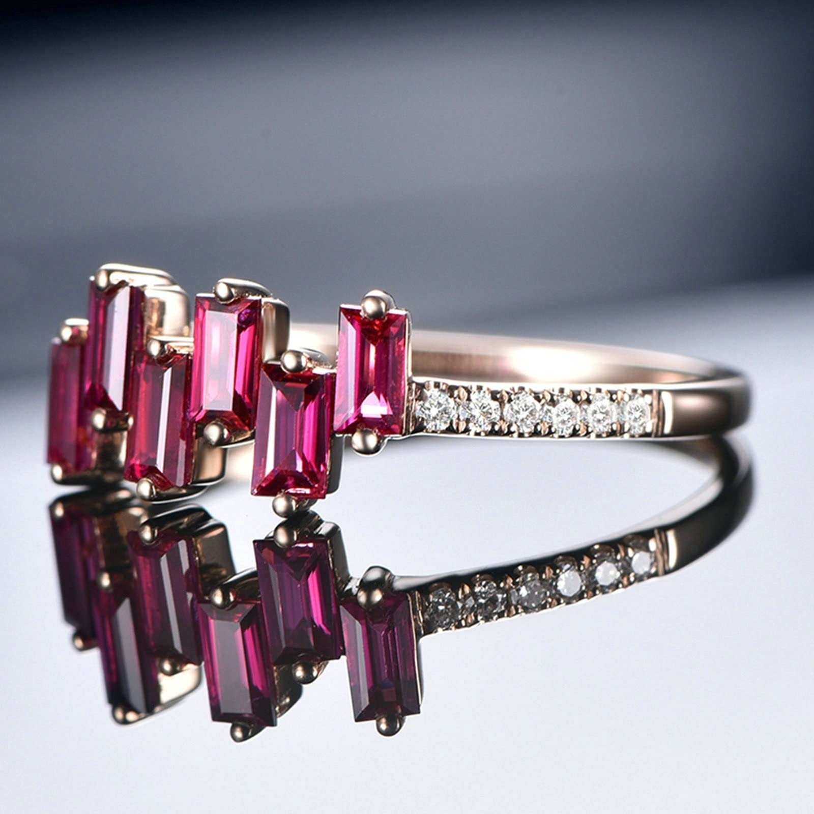 Anillos de oro rosa de 18 quilates (750), anillos para niñas con incrustaciones de 0,68 ct rubí y 0,075 ct diamante de color rojo paloma rubí diamante anillo, 65 (20.7), Ruby Diamond