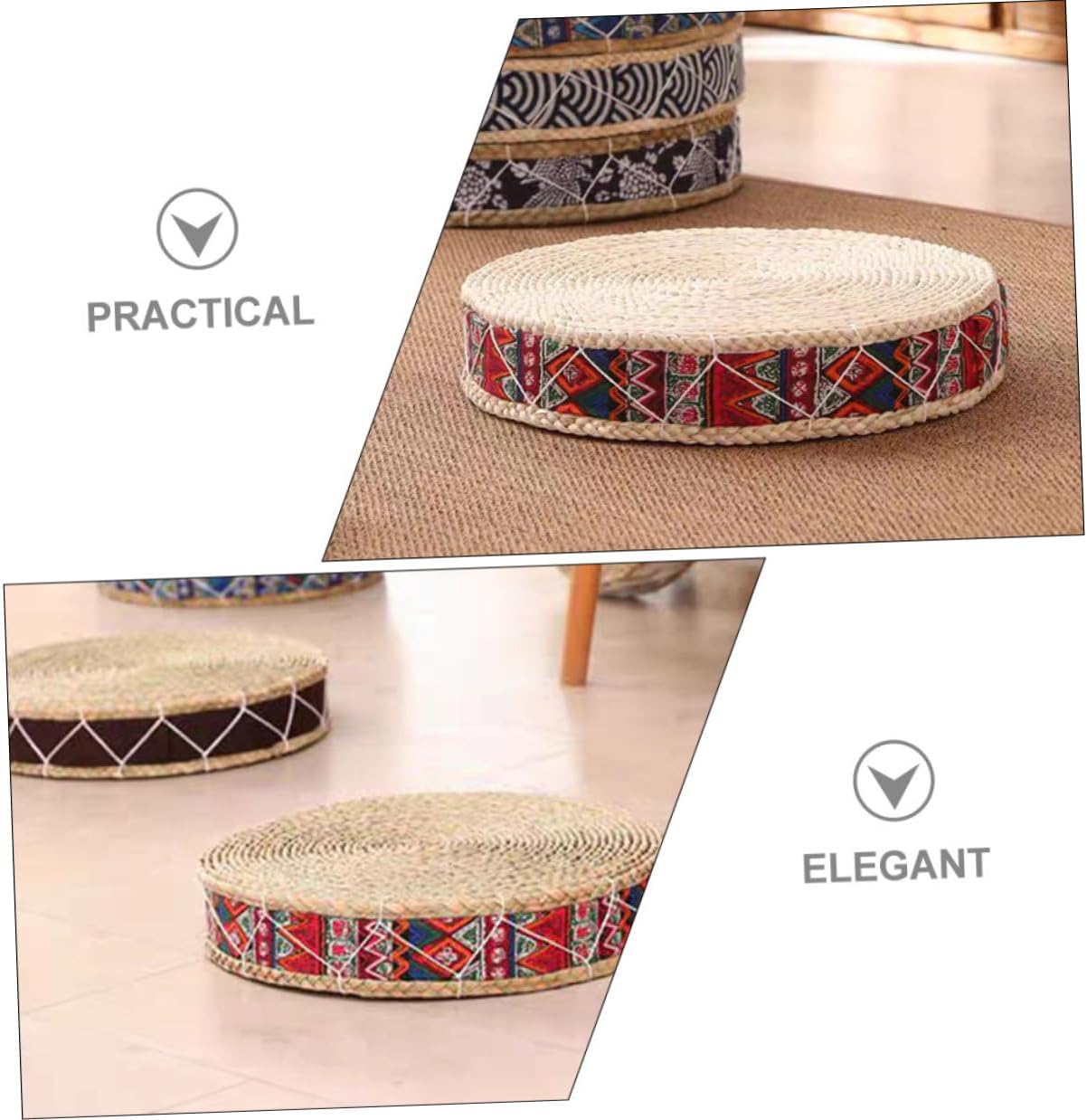 Woven Floor Cushion 30cm Diameter X 7cm Height, Straw Braided Seat Mat, Traditional Japanese Tatami Style, Bohemian Red Indoor Floor Pillow for Meditation and Home Seating
