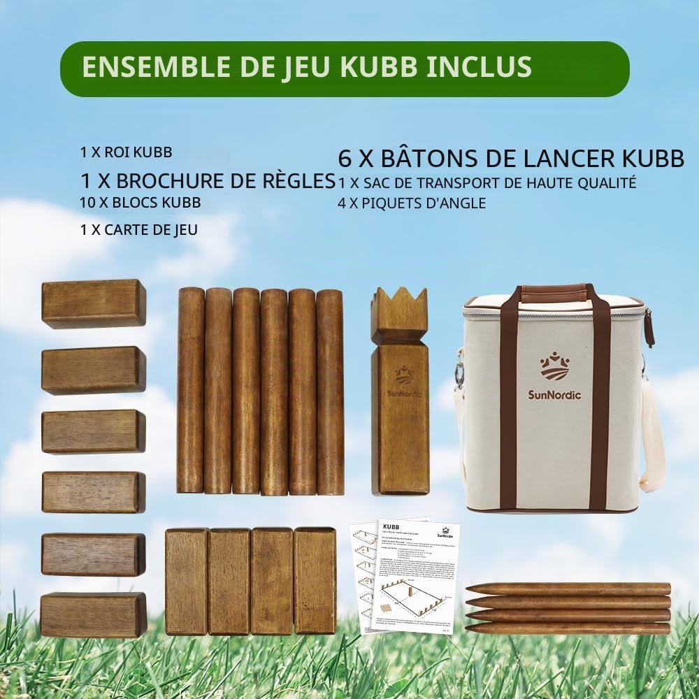 SunNordic Kubb Jeu d'échecs Viking - Jeu d'échecs suédois en bois d'hévéa de qualité supérieure - Avec sac de transport en toile et instructions de jeu - Robuste - Pour enfants et adultes