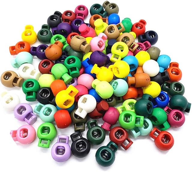 100 Pack Spring Cord Locks, Plastic Single Hole Toggle Stoppers for Drawstrings, Non Slip Round Cord Adjuster for Camping, Hiking, Sports, Backpacks(Multicolor)
