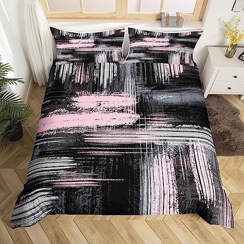 Juego de ropa de cama abstracta rosa y negro con diseño geométrico artístico de graffiti, juego de ropa de cama contemporáneo, moderno, diseño de pincel, transpirable, ropa de cama individual