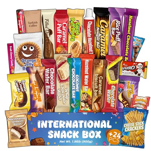 International Snack Box, 24 Full-Size Uniqe Snack, Universal Exotic Candies and Treats from around the World, Gift for Birthday, Christmas, Celebration and for Everything That Brings Happiness