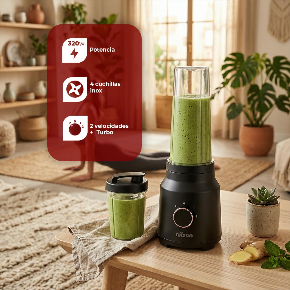 Mixeur nutritionnel, 320 W, puissance maximale, capacité 0,6 l, 4 vitesses, contrôle manuel, mélange, broyage et hache glace, fonction turbo, NPB35002V, câble 80 cm, noir
