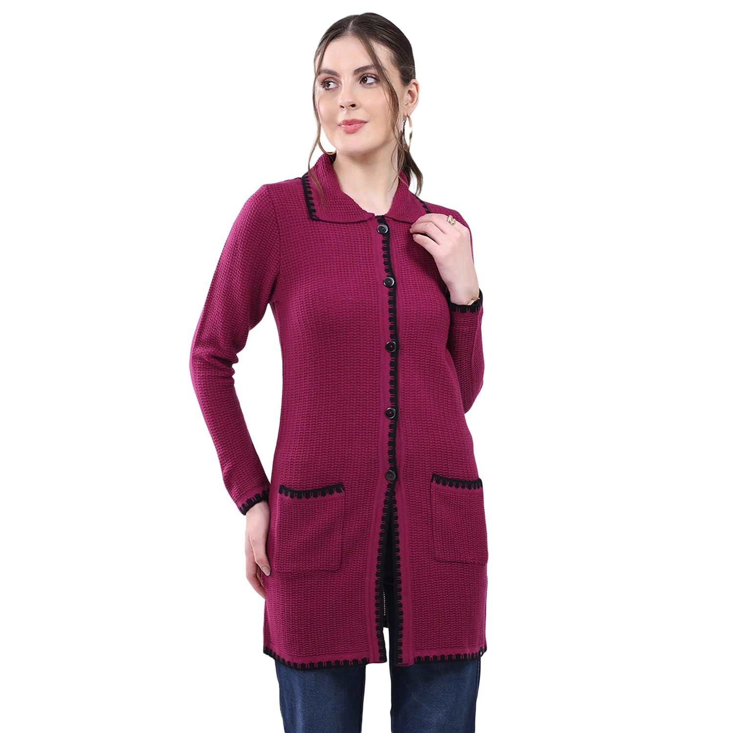 monte carlo Women Regular Fit Collar Neck Self Designed Button Closure Full Sleeve Cardigan | Warm Winter wear | Cozy Knitted Sweater | Casual Layering Outfit | Winter Cardigan for Women's-picture-28