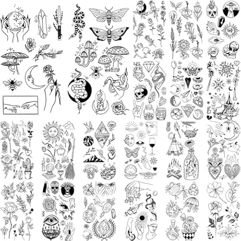 GLARYYEARS 150+ Pattern Black Tiny Temporary Tattoo, Hands Face Halloween Tattoo Sticker for Men Women, Flower Space Moon Snake Designs Body Art on Arm Neck Shoulder Clavicle Waterproof Cover