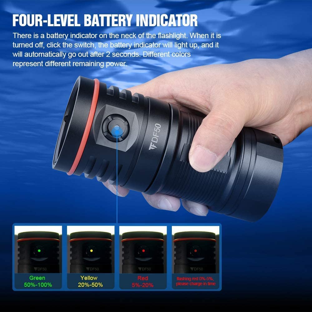 TrustFire DF50 KIT Unterwasser Tauchen Taschenlampe 6500 Lumen mit 1 x Akkupack Type-C USB aufladbar und Wasserdicht bis 70M - Professionell mit 3 Verschiedene LED-Typ für Fotografie