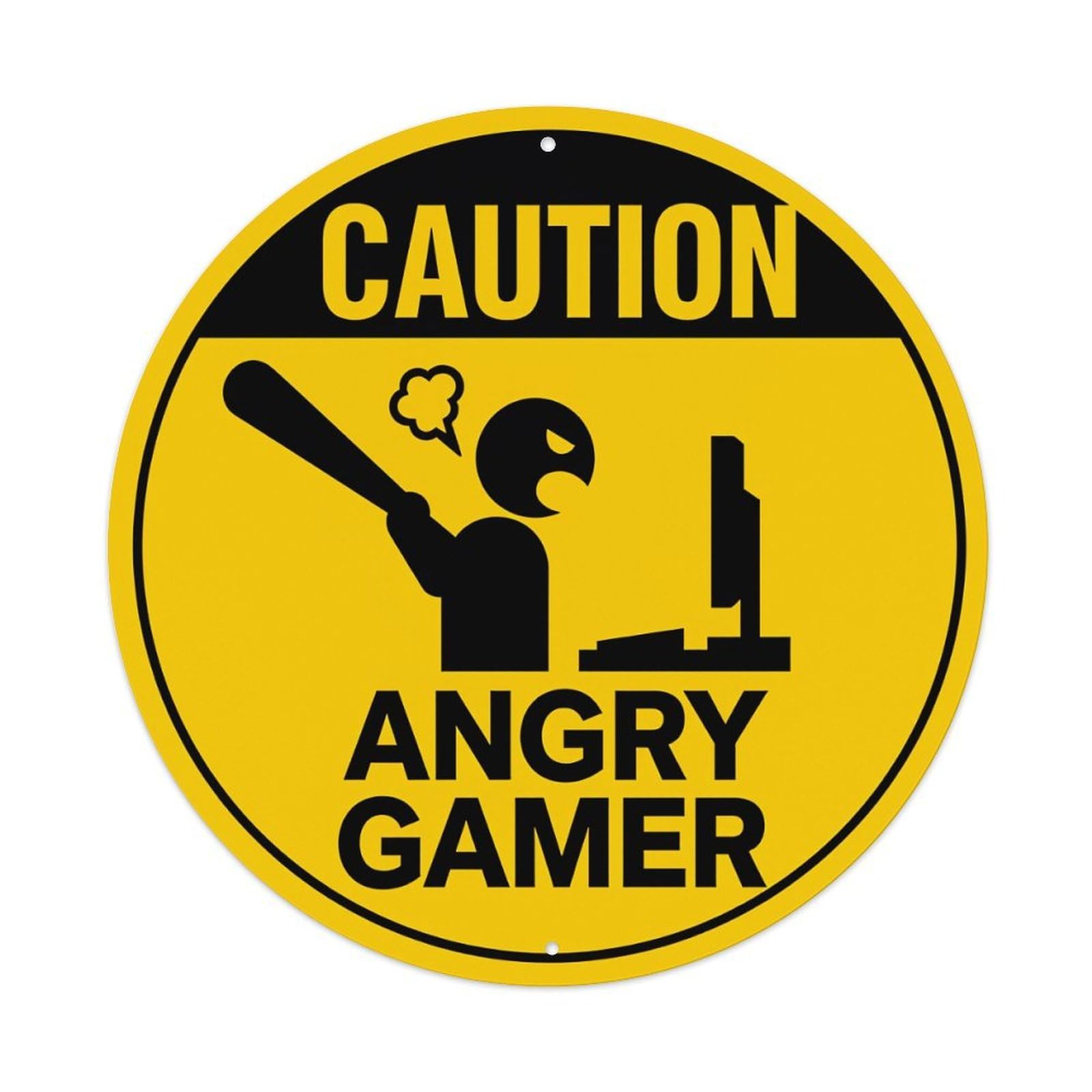 Caution Angry Gamer Sign Pattern Round Tin Sign Vintage Metal Poster Retro Bar, Home, Man Cave, Kitchen, Laundry Room Wall Art Decor Gift 8x8Inch