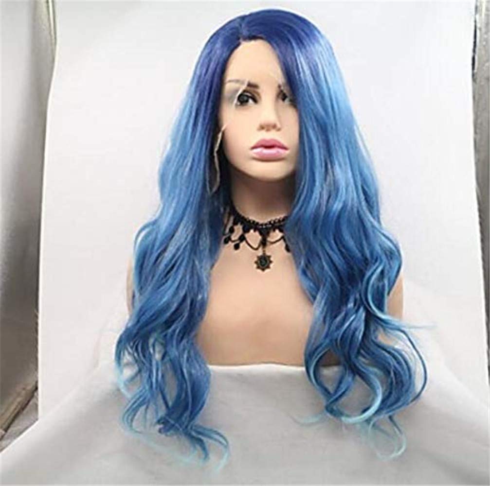 Perruque synthétique bleue longue 28" cheveux ondulés thermorésistants