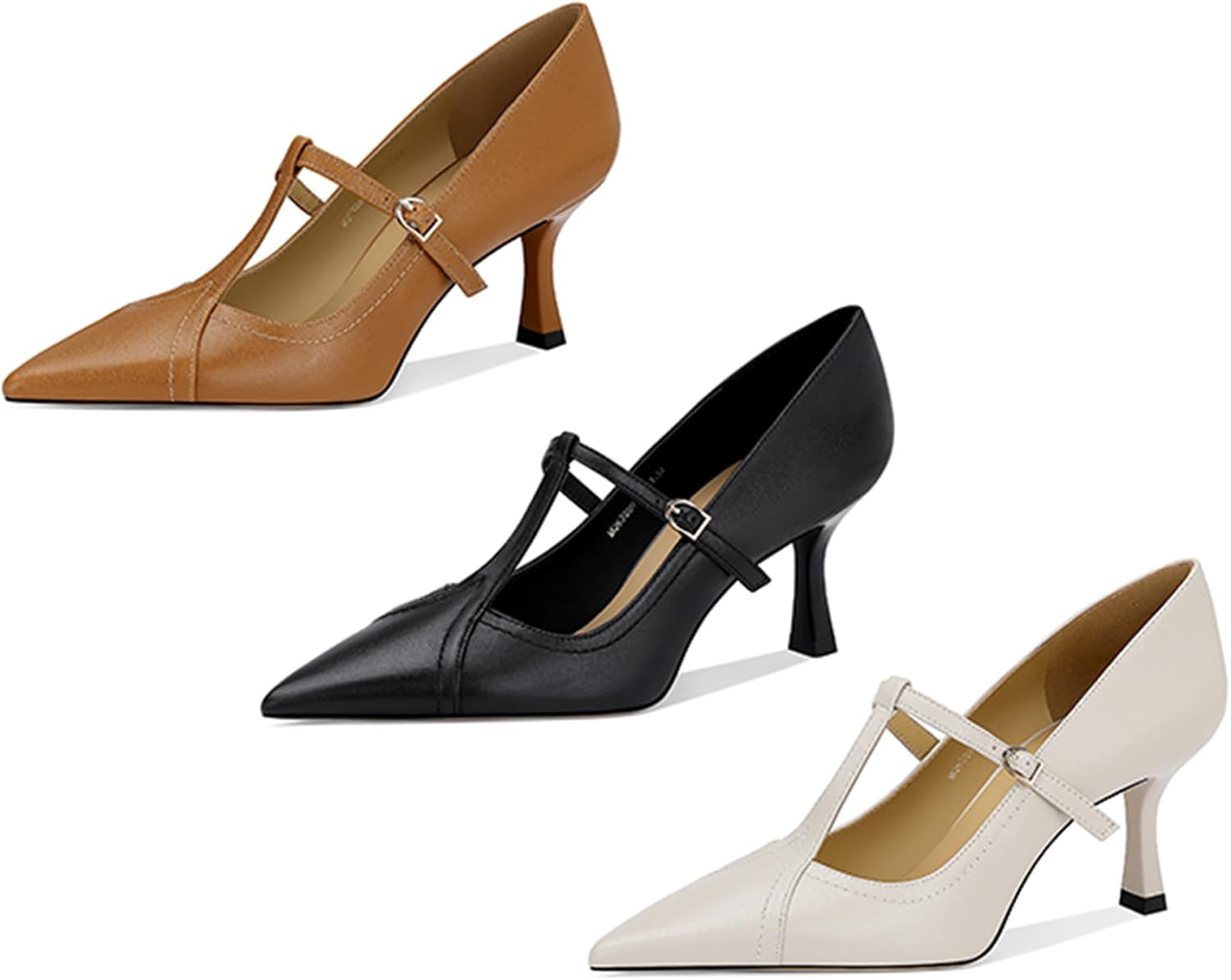 Women's Formal Leather Kitten Heel Pumps Elegant Pointed Toe Adjustable Ankle Strap T-Strap Stiletto Work Shoes for Weddings Dances Work