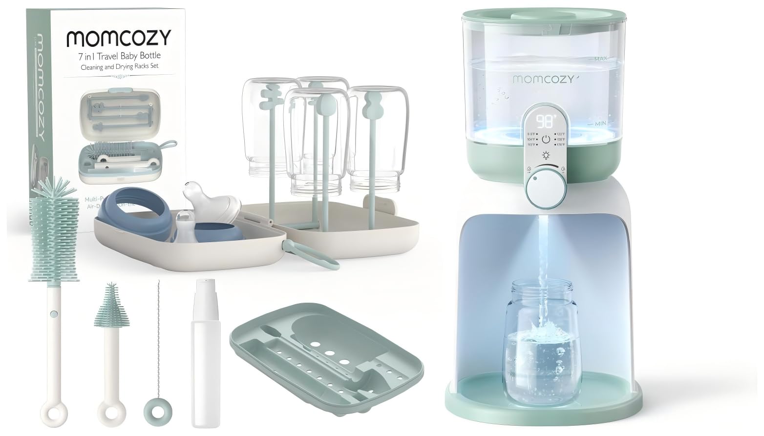 Momcozy Goupillon Biberon Silicone & Momcozy Chauffe-Biberon | Double Veilleuse, 1685ml, 6 Températures, Précis Instantané, Distributeur, Allaitement, Bébé, Nouveau-né, Nuit, Préparation