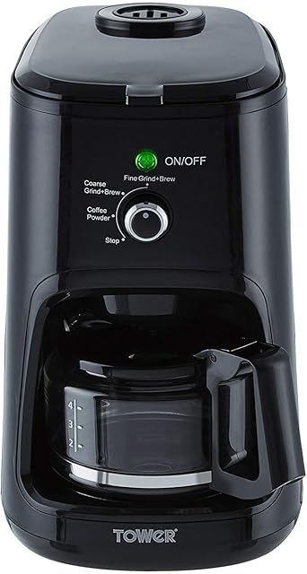 Tower T13005 Bean to Cup Filter Coffee Maker with Coarse and Fine Grinding Options, 0.6 Litre, 900 W, Black