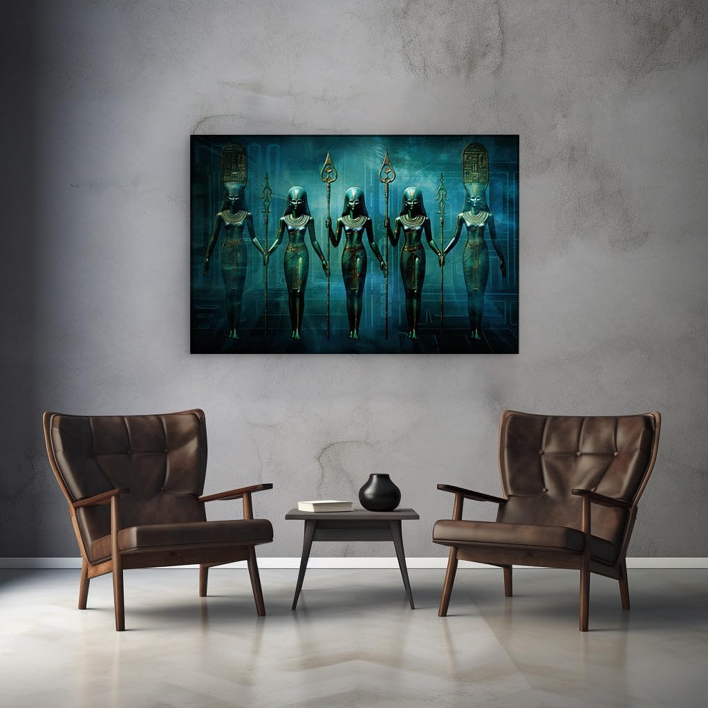 Canvas for Living room. Mystic Guardians at Twilight: The Majestic Assembly of Egyptian Goddesses in Emerald Hues, 27 x 18 inch Canvas Wall Art - Ready to Hang - 69x46 cm (27x18 inch)
