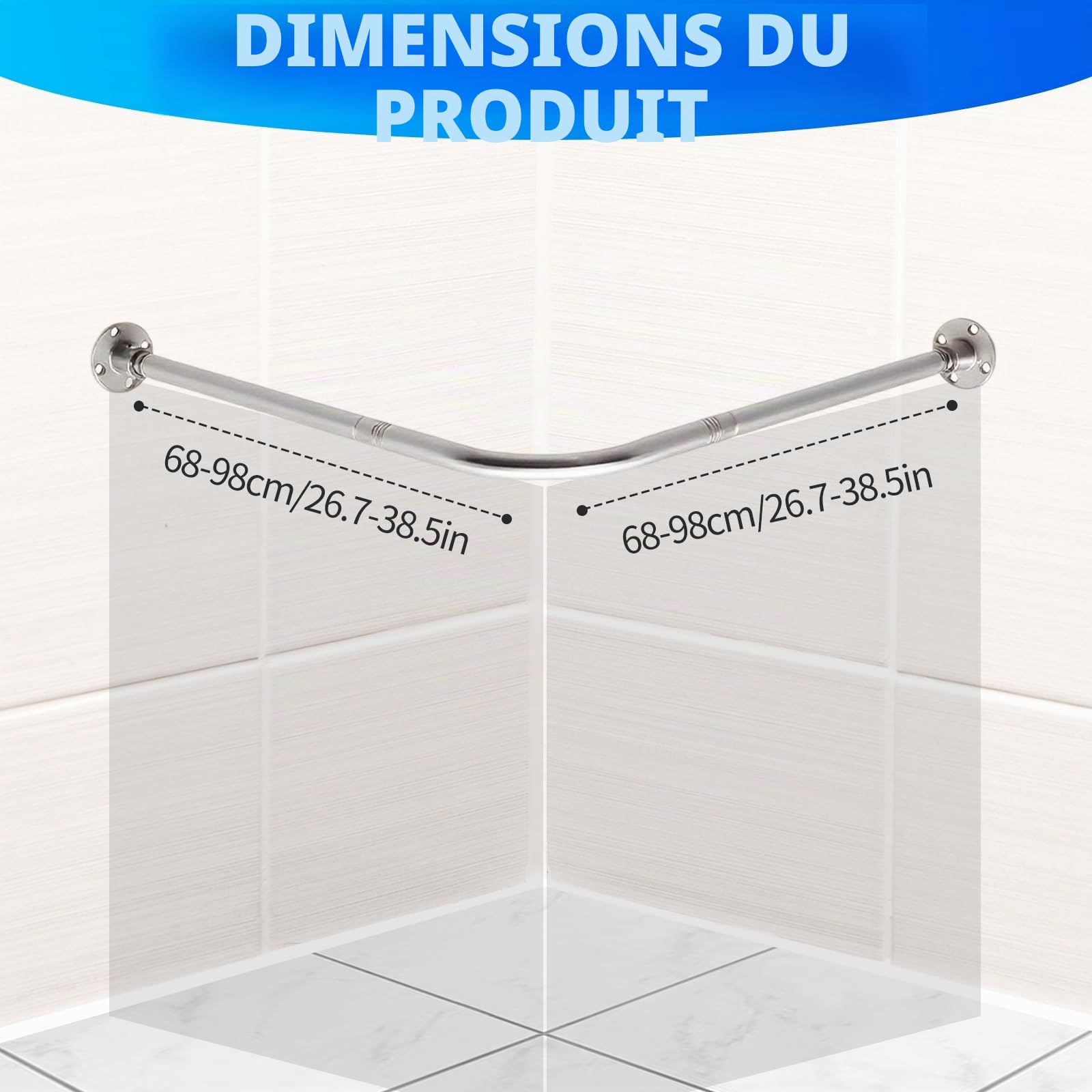 L Form Tringle à Rideau de Douche 68-98cm x 68-98cm Réglable,pas de s'affaissement,en Acier Inoxydable,90 degrés sur l'angle,pour Salle de Bain Baignoire,Magasin de Vêtements, Espace Privé