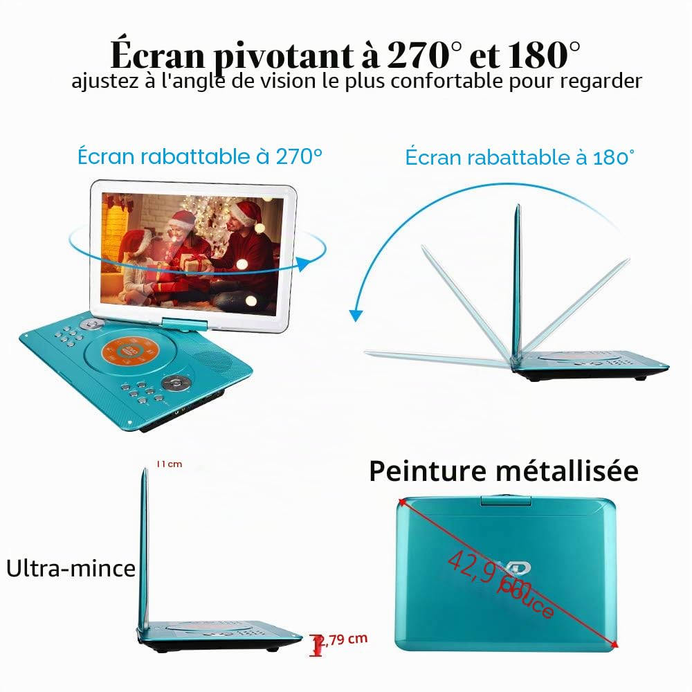YOOHOO Lecteur DVD Portable de 16,9" avec écran LCD HD de 14,1" avec contrôleur Haute résolution Batterie Rechargeable Grand écran Lecteur DVD pour Voiture (Vert)