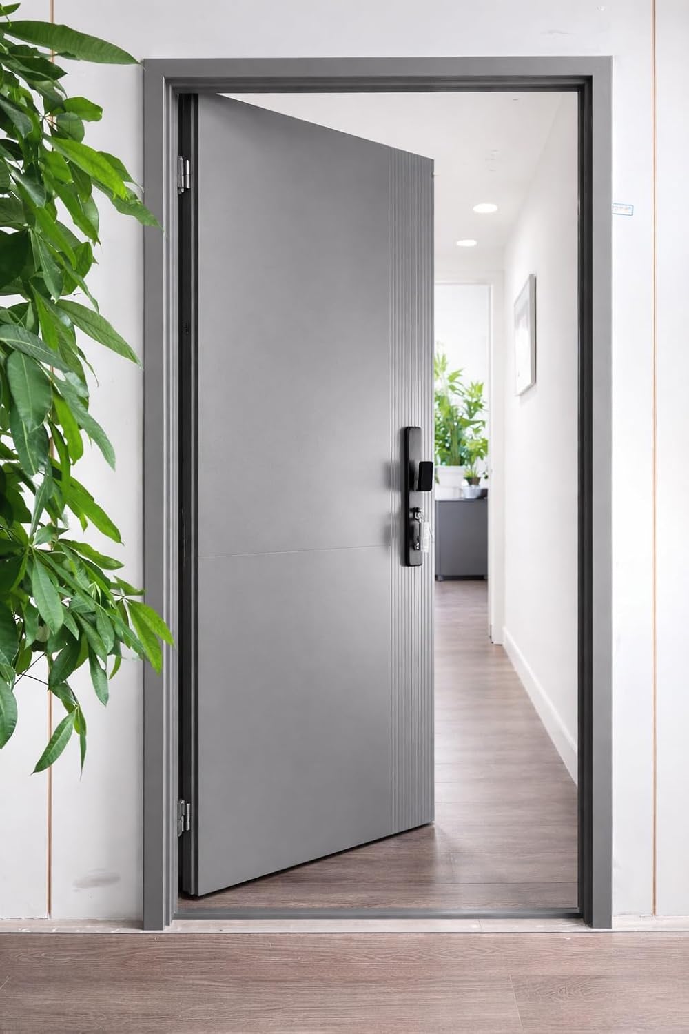 Modern Steel Security Entry Door, Gray, Magnesium Alloy Panel with Smart Lock, 37.8 x 84.6 Inch, Anti-Theft, Soundproof (Left-Hand Inward Opening Door)
