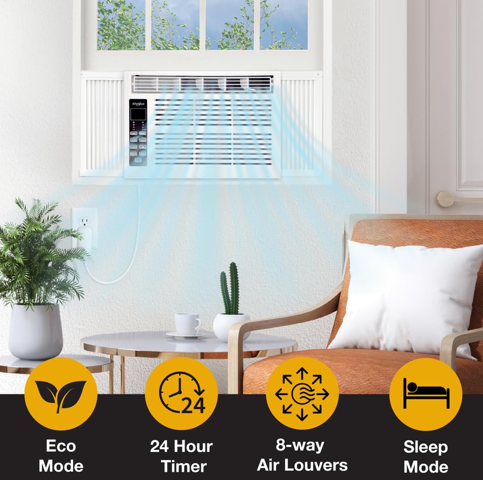 Image of Whirlpool 12,000 BTU Window-Mounted Air Conditioner with Remote Control | Remote Control, LCD Display, Auto-Restart, 24H Timer for Rooms up to 550 Sq.Ft.