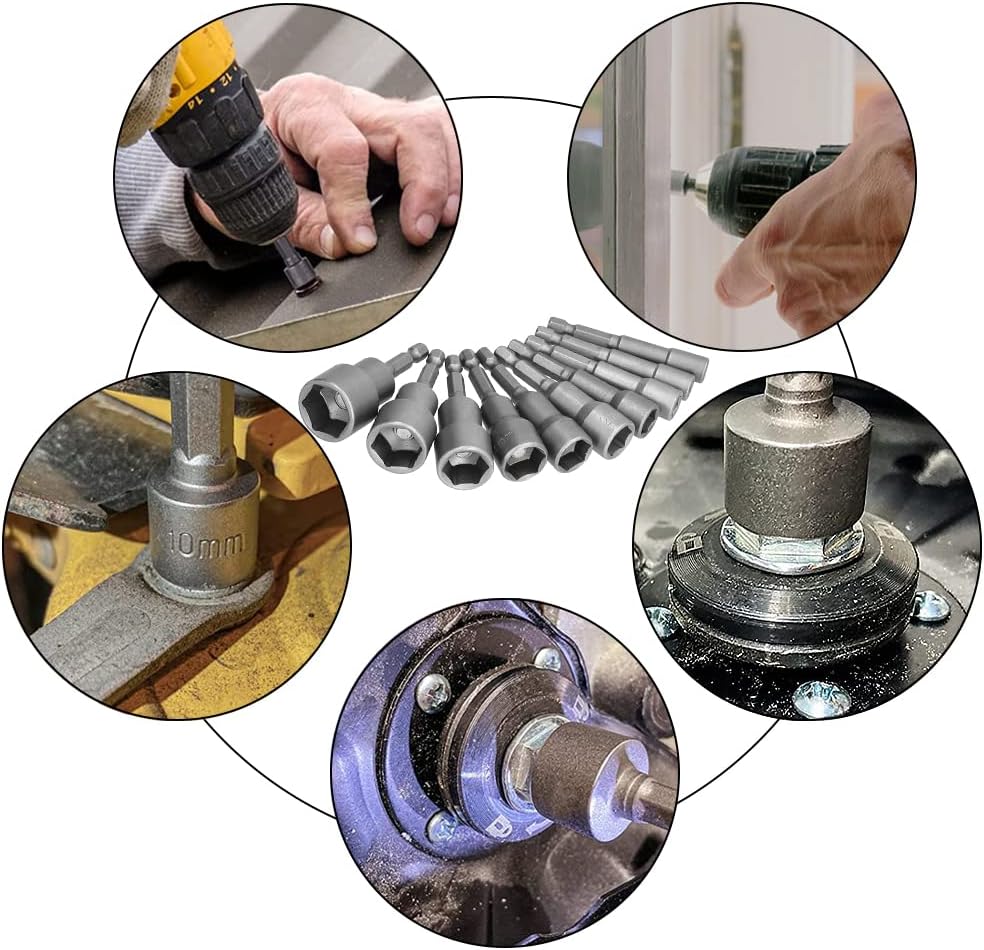 10 Pcs Quick-Change Magnetic Nut Driver Drill Bit Sets 1/4 inch Hex Shank 6-15mm Chrome-Vanadium Steel 65mm/2.5 Inch Length Metric Socket Wrench Drill Bit Power Tool