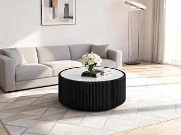 29.5 Inch Gold Pattern Sintered Stone Top & PU Leather Base Cylinder Coffee Table, Modern Drum Shape Side Table, No Assembly Black
