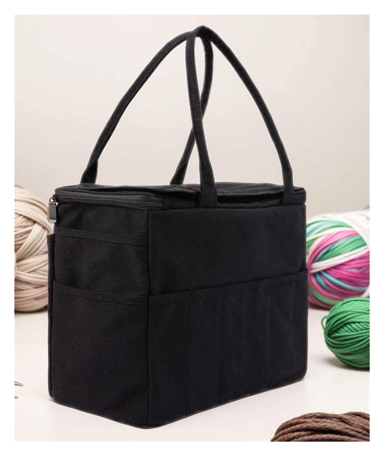 Handarbeitstasche Große Tragetasche, Organizer, Aufbewahrungstasche aus Segeltuch for Garn, solide Häkeltasche mit mehrschichtigen Taschen for Haken und Stricknadeln(Green)