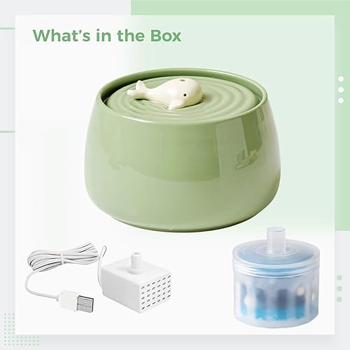 Miniatura 4 de Fuente de agua de cerámica para gatos de 45 onzas con diseño de ballena, cuenco silencioso para mascotas, sistema de doble filtración de carbón